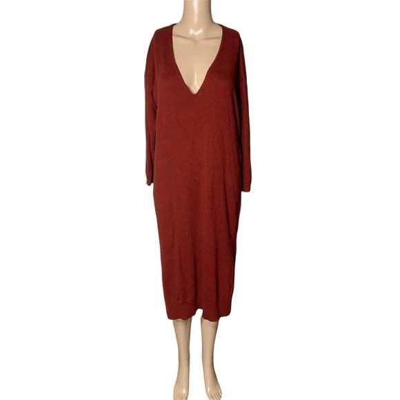 Leith Womens Deep V-Neck Sweater Dress Burnt Orange Small EUC